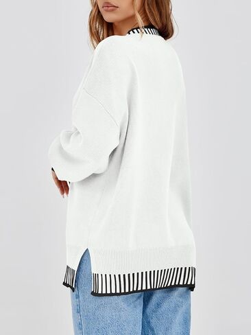 Saodimallsu Womens Oversized Sweaters Crewneck Color Block Winter Sweater Lantern Sleeve Side Slit Knit Pullover Tops in Saudi Arabia
