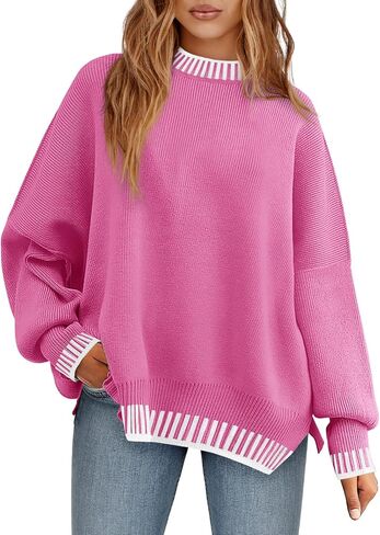 Saodimallsu Womens Oversized Sweaters Crewneck Color Block Winter Sweater Lantern Sleeve Side Slit Knit Pullover Tops in Saudi Arabia