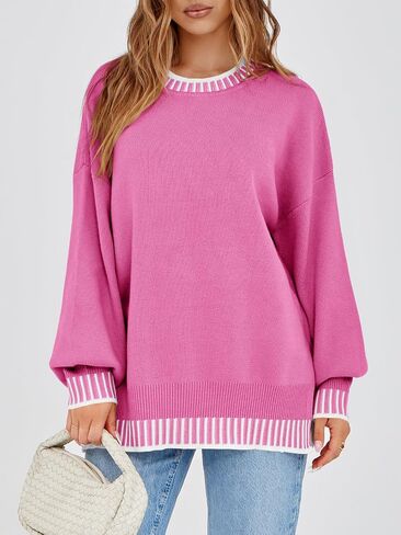 Saodimallsu Womens Oversized Sweaters Crewneck Color Block Winter Sweater Lantern Sleeve Side Slit Knit Pullover Tops in Saudi Arabia