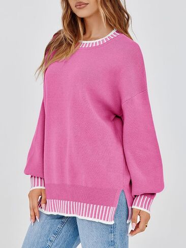 Saodimallsu Womens Oversized Sweaters Crewneck Color Block Winter Sweater Lantern Sleeve Side Slit Knit Pullover Tops in Saudi Arabia