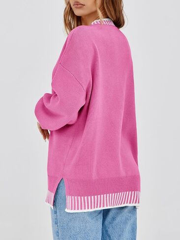 Saodimallsu Womens Oversized Sweaters Crewneck Color Block Winter Sweater Lantern Sleeve Side Slit Knit Pullover Tops in Saudi Arabia