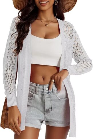 Women's Lightweight Crochet Cardigan Sweaters Long Sleeve Loose Drape Open Front Boho Beach Cover Up, S-XL in Saudi Arabia