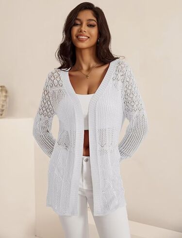 Women's Lightweight Crochet Cardigan Sweaters Long Sleeve Loose Drape Open Front Boho Beach Cover Up, S-XL in Saudi Arabia