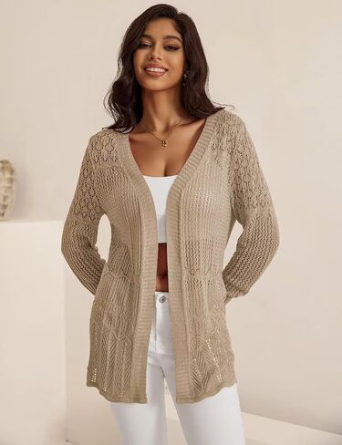 Women's Lightweight Crochet Cardigan Sweaters Long Sleeve Loose Drape Open Front Boho Beach Cover Up, S-XL in Saudi Arabia