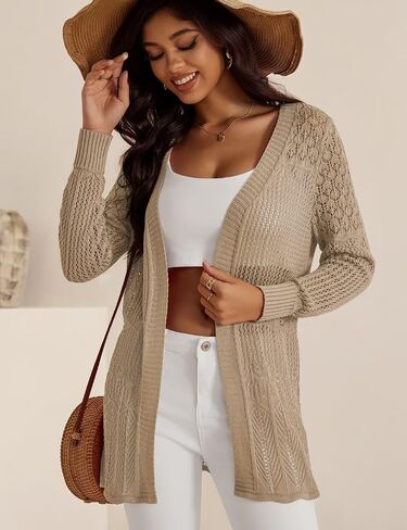 Women's Lightweight Crochet Cardigan Sweaters Long Sleeve Loose Drape Open Front Boho Beach Cover Up, S-XL in Saudi Arabia