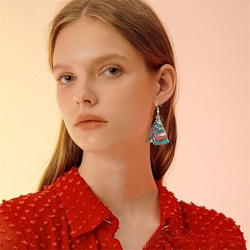 Dreuyet Christmas Tree Earrings for Women Creative Red Green Xmas Tree Drop Dangle Earrings Christmas Party Jewelry Holiday Accessory in Kuwait