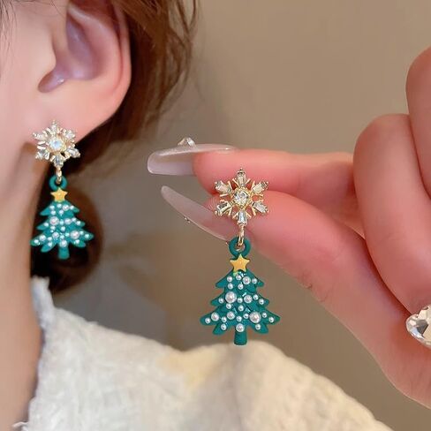 Dreuyet Christmas Tree Earrings for Women Creative Red Green Xmas Tree Drop Dangle Earrings Christmas Party Jewelry Holiday Accessory in Kuwait