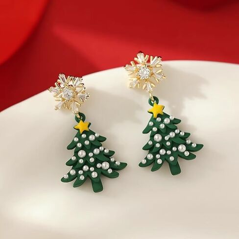 Dreuyet Christmas Tree Earrings for Women Creative Red Green Xmas Tree Drop Dangle Earrings Christmas Party Jewelry Holiday Accessory in Kuwait