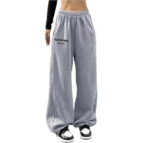 MakeMeChic Women's Casual Elastic Waist Trousers Letter Print Wide Leg Workout Jogger Pants with Slant Pocket