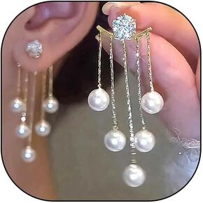 Trendy Boho Pearl Dangle Earrings Rhinestone Tassel Chandelier Earrings Hypoallergenic Front Back Earrings Jewelry Accessory Presents for Wedding Prom