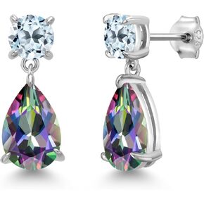 Gem Stone King 925 Sterling Silver Green Mystic Topaz and Sky Blue Topaz Teardrop Dangle Drop Earrings For Women (8.42 Cttw, Gemstone Birthstone, Pear Shape 12x8MM, Round 6MM)