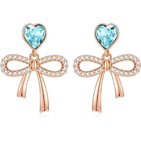 Austrian Crystal Heart Ribbon Bow Dangle Drop Earrings for Women 14K Gold Plated Hypoallergenic Jewelry