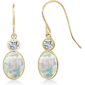 Gem Stone King 14K Yellow Gold White Opal and White Topaz Hook French Fish Ear Wire Dangle Earrings For Women (1.54 Cttw, Gemstone October Birthstone, Oval Cabochon 7X5MM, Round 3MM)