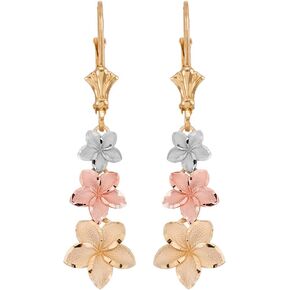 14K Tri-Color White, Rose, and Yellow Gold 1-1/4 Hawaiian Plumeria Frangipani 3 Flower Graduated Dangle Style Lever back Earrings