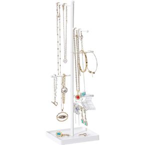 Lolalet Jewelry Organizer Storage Jewelry Holder Stand with 10 Earring Hanger Rack, 6 Tiers Necklace Holder Tree with Bottom Tray for Women Girls Necklaces Earrings Bracelets Rings -White