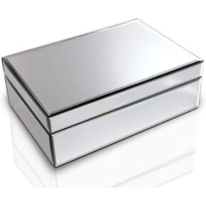 QMDECOR Silver Glass Mirrored Jewelry Box Beautiful Finish Storage Sturdy Organizer High-end Jewelry Organizer Luxury Big Vanity Mirror Box Keepsake Box Attractive Substantial Well Made Jewelry Box.