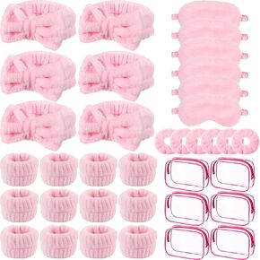 Hoteam 30 Pieces Sleepover Party Supplies 6 Pink Spa Headband 6 Pink Plush Sleep Eye Mask 6 Velvet Scrunchies 6 Wristband 6 Clear Cosmetic Bags for Slumber Spa Party Favor Gift Skincare Makeup