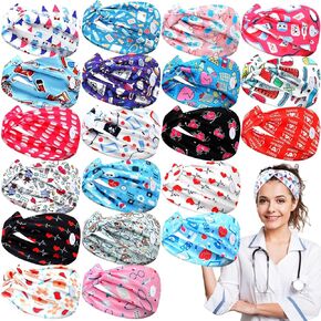Jexine 20 Pcs Women Nurse Headbands with Button Wide Nurse Headbands for Mask Non Slip Elastic Ear Protection Christmas Gift for Nurses Doctors Sweatband Medical Nursing Hairband Workout Yoga Turban