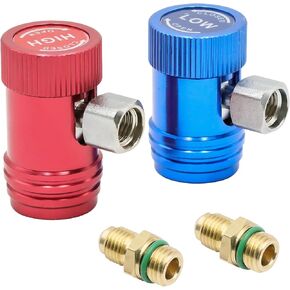 R1234yf Adapter, High/Low Pressure Side R1234yf Manual Quick Couplers Adapters for A/C System Evacuation Recharging, 1/4" Male Port, Set of 2