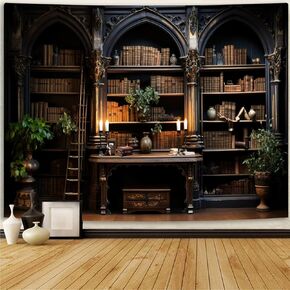 Simpkeely Gothic Bookshelf Tapestry Vintage Medieval Old Library Tapestries Student Book Office Bedroom Wall Art College Dorm Decor - 51.2" x 59.1"
