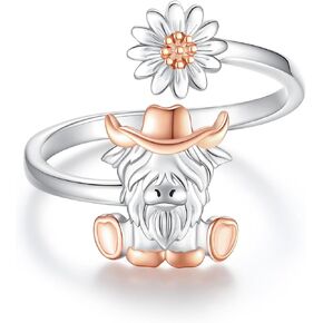BEILIN Highland Cow Daisy Finger Ring 925 Sterling Silver Adjustable Cute Cow Animal Open Rings Cows Jewelry Gift for Women