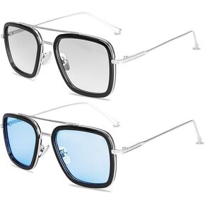 Tony Stark Sunglasses Retro Aviator Sunglasses Square Metal Frame Sunglasses (Tony Stark Color AND Spiderman Color)
