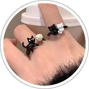 2Pcs Cute Cat Ring for Women Adjustable Open Kitten Ring Black Animal Ring Trendy Metal Cat Statement Rings Creative Thumb Finger Rings Cat Lover Gifts Birthday Christmas Jewelry Gift