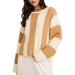 InterNos Womens Striped Bell Sleeve Pullover Sweater Loose Color Block Crew Neck Vertical Knitwear