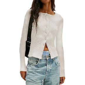 Women Slim Fitted Button Down Cardigan Y2k Long Sleeve Rib Kint Picot Trim Shirt Basic Lightweight Sweater Top
