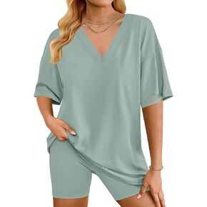 Womens Lounge Sets Cotton Pajamas Oversized Reversible TShirts Biker Shorts 2 Piece Loungewear Casual