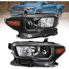 Fit For 2016-2021 Toyota Tacoma Headlights,Halogen Headlamp with LED DRL Black Housing Amber Reflector Replacement Driver Passenger Side