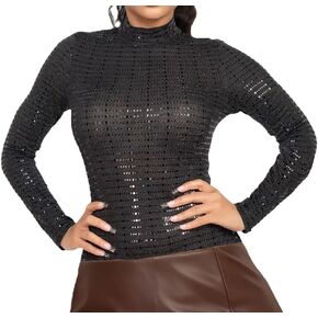 Women's Sheer Mesh Studded long sleeves mock neckline Metallic Bodysuit