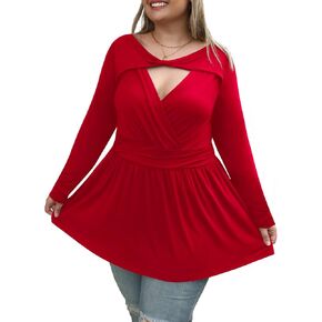 TIANZHU Plus Size Tops for Women Tunic Long Sleeve V Neck Shirts Empire Waist Baby Doll Fall Peplum Blouses