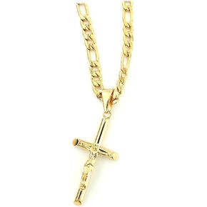 24K Gold Cross Crucifix Necklace Pendant Charm with 5MM Figaro Chain Gift for Men Women Jesus Crucifix Baptism Religious Gift