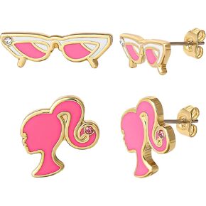 Barbie Stud Earrings 2-Pack Official License, 18k Gold Flash-Plated and Enamel Barbie Earrings for Women with Crystal Accent