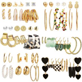 34 Pairs Gold Hoop Earrings Set for Women, Fashion Drop Dangle Earring Packs Black Hearts Earrings Multipack Hypoallergenic Earrings for Valentine's Day Gifts
