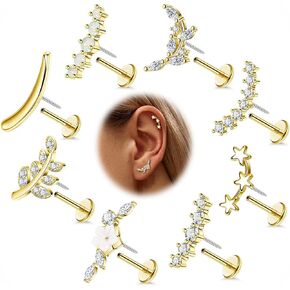 8PCS 16G 14K Gold Threadless Cartilage Stud Earrings for Women 316L Stainless Steel Push in Earrings CZ Helix Flat Back Stud Earrings Hypoallergenic Flower Star Leaf Conch Earrings 6/8mm