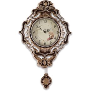 Aero Snail Retro Wall Clock with Pendulum, European Victoria Mid Century Style, Battery Operated Large Metal Silent Clock for Living Bedroom Wall Vintage Decor - Brown