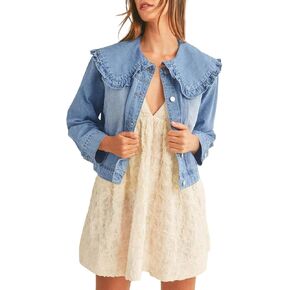 Takaneo Womens Jean Jackets Casual Long Sleeve Peter Pan Collar Loose Fit Denim Shirts Coat with Pockets