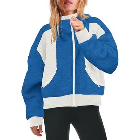 Yanekop Womens Oversized Sherpa Jacket Cozy Color Block Fleece Jacket Fuzzy Zip Up Hoodies Outerwear with Pockets