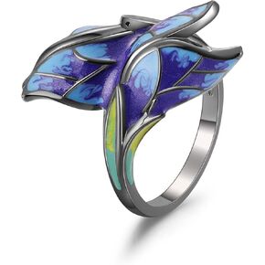 Black Gothic Butterfly Rings for Women - Enamel Copper Blue Flower Colorful Ring