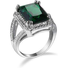 Vintage Halo 925 Sterling Silver Emerald Ring Cocktail Rings Square Cut Big Green Gem Cubic Zirconia Anniversary Promise Ring CZ Eternity Engagement Wedding Band Ring for Women