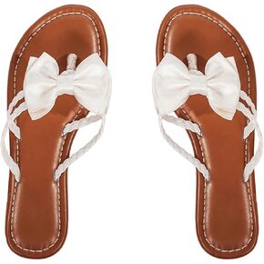GORGLITTER Women's Bow Decor Braided Strappy Thong Flats Open Toe Slide Sandals Toe Post Flip Flops