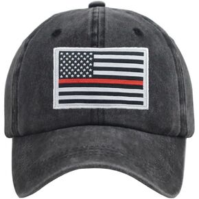 Thin Red Line American Flag Hat, Cotton Adjustable Embroidered Firefighter Baseball Cap for Men Women
