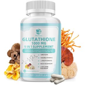 Glutathione Supplement 1,000 mg, Mushroom Supplement with Vitamin C, Niacin - Liver Detox, Immune Support and Antioxidant, Reduced L-Glutathione 120 Vegan Capsules - Non GMO