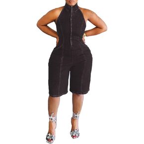 SOMTHRON Women's Casual Sleeveless Denim Romers Backless Halter Zipper Front Jean Shorts One Piece Jumpsuit