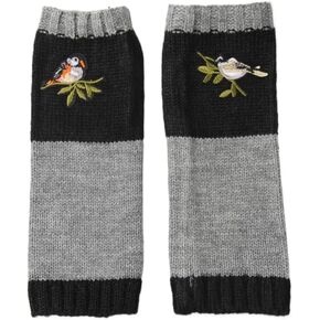 1Pair Vintage Chic Knit Fingerless Gloves with Bird Embroidery Elastic Warm Hand Warmers for Casual Use