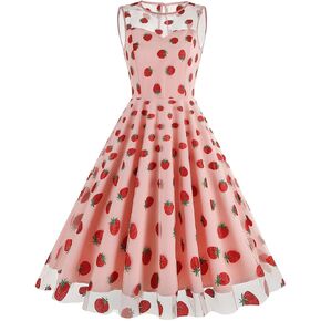 IDOPIP Women's Elegant 3D Butterfly/Heart/Cherry Print Mesh Dress 1950s Vintage Formal Prom Party Wedding Guest Swing Dress