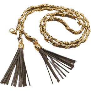 Women Gray Fabric Fashion Belt - Skinny Band Hip Waist Gold Metal Chain Links Tassel S M