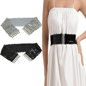 2 Pack Sequin Belts Women Stretch Wide Waist Belt Sparkling Buckle Glitter Elastic Waistband for Disco Party Costume (Silver and Black)